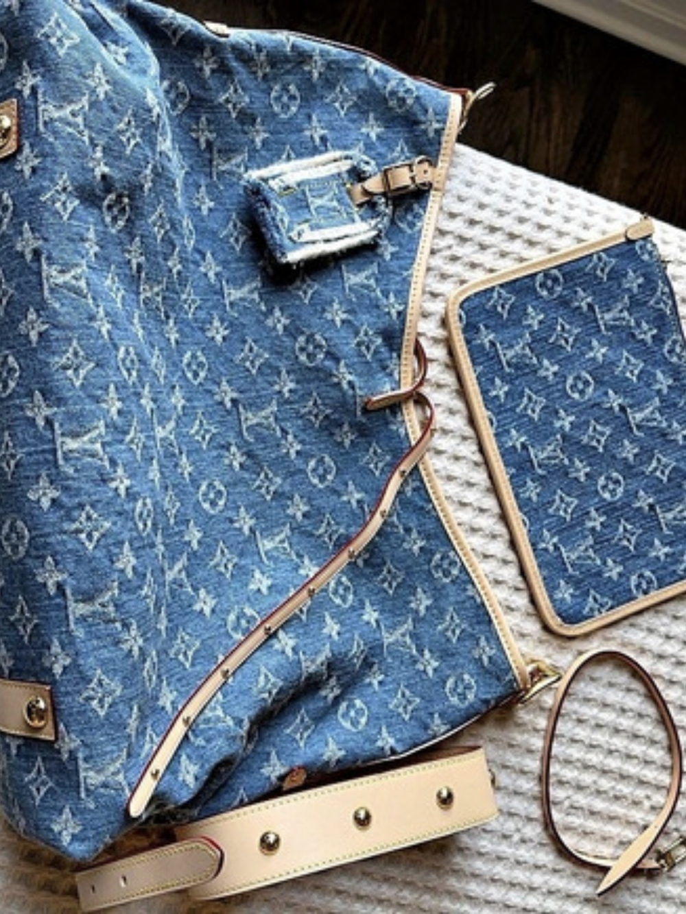 Louis Vuitton Monogram Denim CarryAll MM Blue & Brown Travel Bag Set